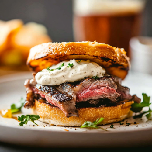French Dip Steak Sandwich with Horseradish Mayo