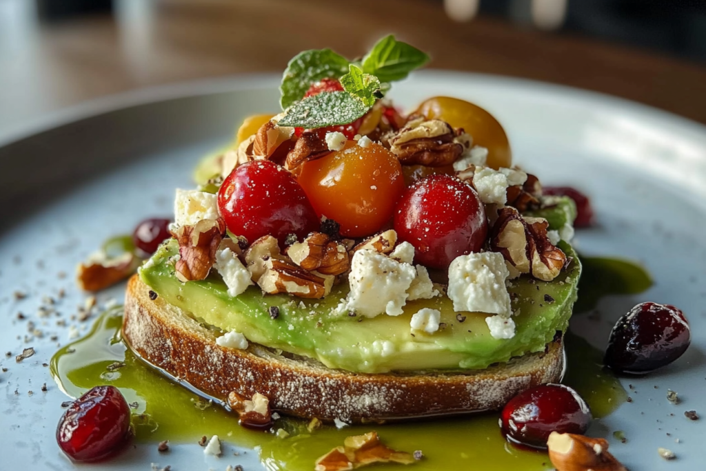 Avocado Toast with Feta Cheese, Cherry Tomatoes, Cranberries, and Walnuts