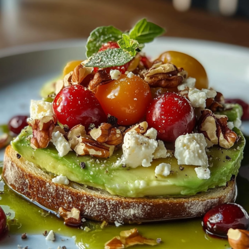 Avocado Toast with Feta Cheese, Cherry Tomatoes, Cranberries, and Walnuts
