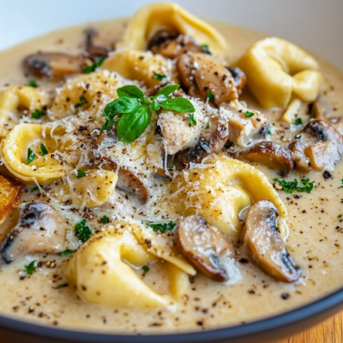 Creamy Asiago Chicken and Mushroom Tortellini Soup