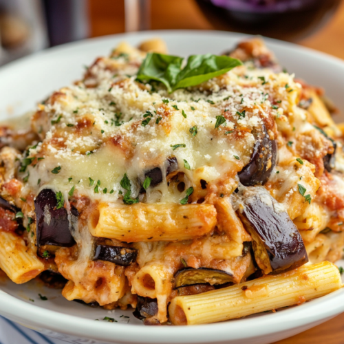 Three Cheese Eggplant Parmesan Pasta Bake