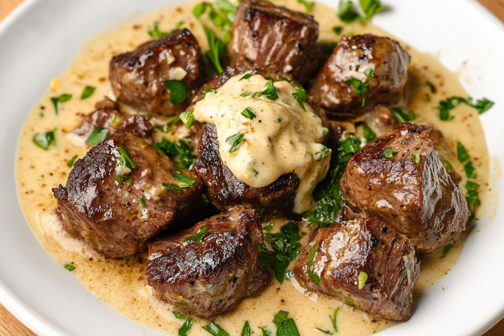 Garlic Butter Steak Bites with Parmesan Cream Sauce