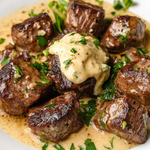 Garlic Butter Steak Bites with Parmesan Cream Sauce