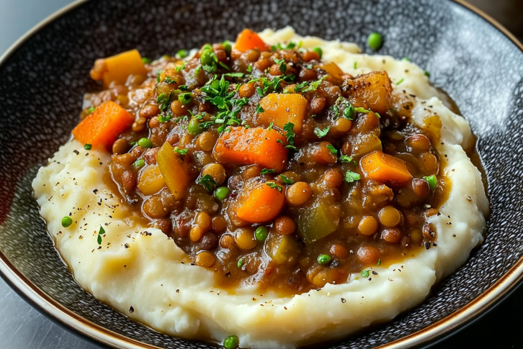 Hearty Lentil Stew Over Creamy Mashed Potatoes