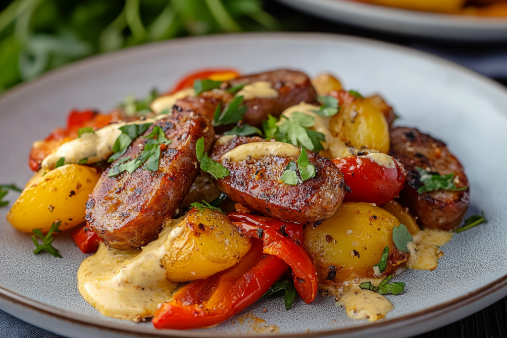Sausage, Potatoes and Peppers with Mustard Aioli