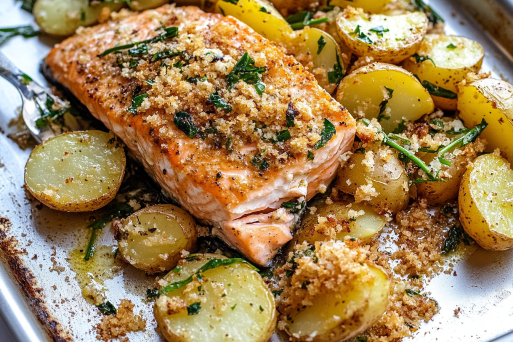 Sheet Pan Dijon Salmon and Panko Potatoes